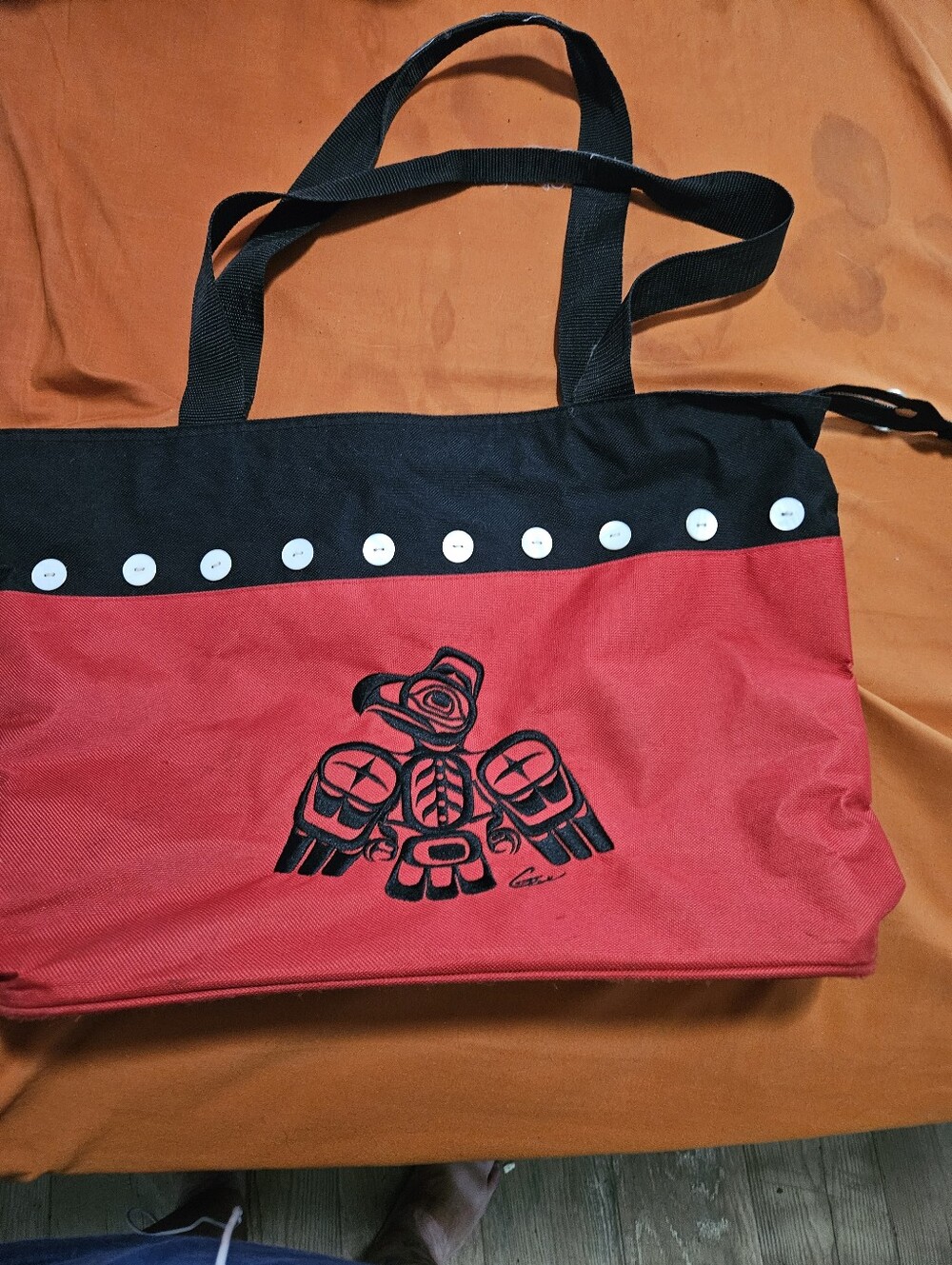 Red and Black Canvas Tote with Haida Eagle Design